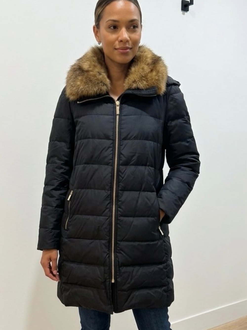 kate spade new york Women L Black Down Long Puffer Coat
Hood Fur Trim NWOT